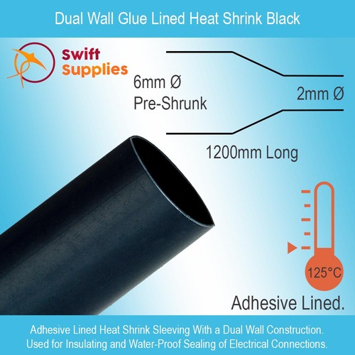 Dual Wall, Glue Lined Heat Shrink Tube Black - 6mm Dia x 1200mm Long (3:1 Shrink)