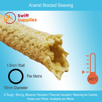 Aramid Braided Sleeving -  10mm ID with 1.5mm Thick Wall, Per Metre