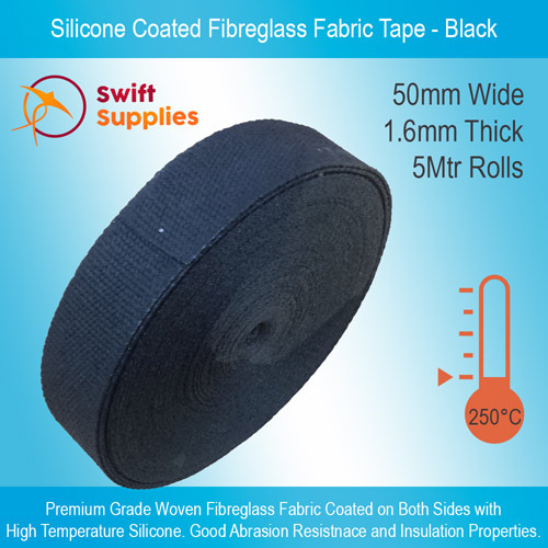 Silicone Coated Fibreglass Fabric Tape Black - 1.6mm Thick x 5 Metre Rolls