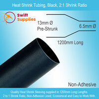 Heat Shrink Tube, Black  13mm Dia x 1200mm Long (Single Wall, 2:1 Shrink)