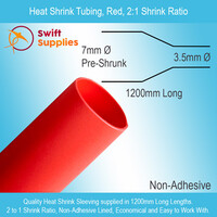 Heat Shrink Tube, Red   7mm Dia x 1200mm Long (Single Wall, 2:1 Shrink)