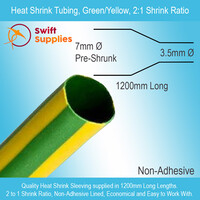 Heat Shrink Tube, Green/Yellow  7mm Dia x 1200mm Long (Single Wall, 2:1 Shrink)